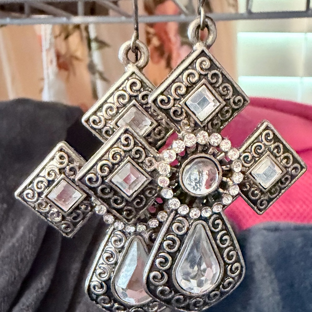 Silver Filigree Cross Earrings with Clear Stones Free ship w/ full price payment
